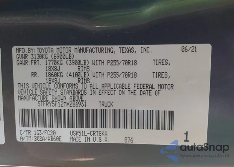 2021 Toyota Tundra Sr5 из США, поврежденный, VIN 5TFRY5F12MX286931